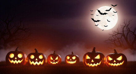 Halloween Spooky Background with Pumpkins and Fog