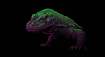 Fototapeta premium Neon Komodo Dragon Illustration Detailed Scaled Skin Powerful Pose.