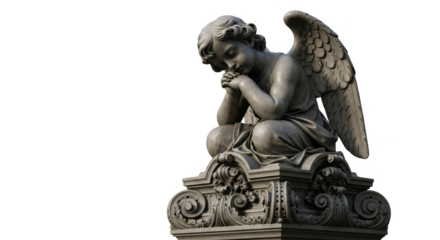 Solemn angel statue atop ornate pedestal