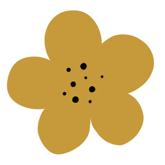 Warm mustard-yellow minimalist floral design with scattered dots.