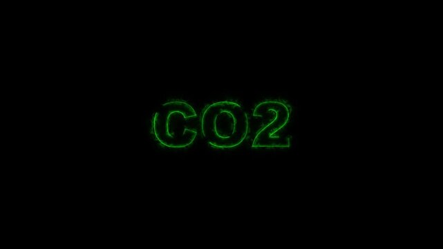 Green neon C O2 text with a glowing outline on a black background carbon dioxide