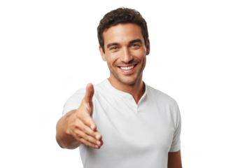 Handsome smiling man offering handshake, business deal, partnership, agreement, or greeting isolated on transparent background