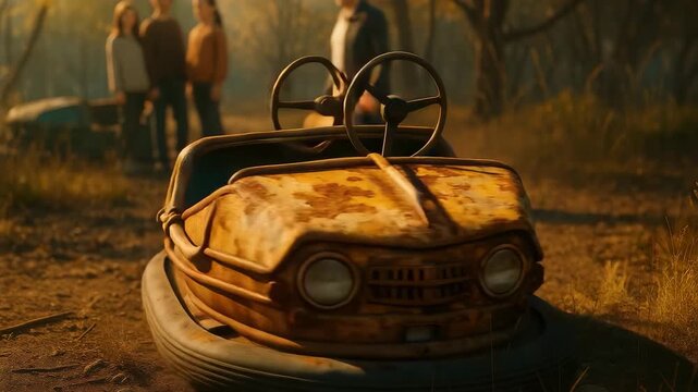 Rusty abandoned bumper car in overgrown amusement park with faded paint, broken steering wheel and people standing in blurred background