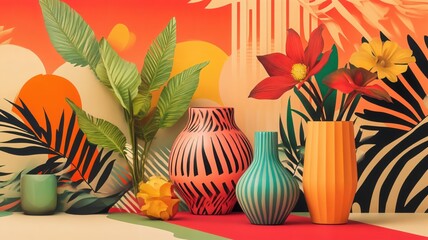 Vibrant Tropical Serenity A Conceptual Art Illustration of Exotic Foliage and Abstract Vases in a Modern, Colorful Still Life Composition with Dynamic Patterns and Warm Hues