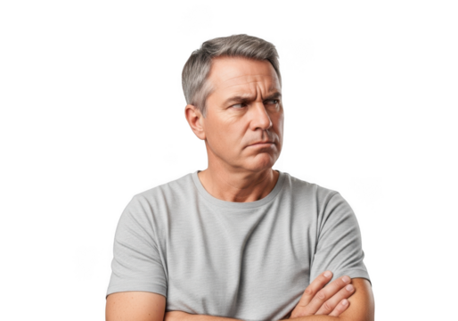 Portrait of a middle aged man with gray hair looking skeptical and arms crossed png image isolated on transparent background - Powered by Adobe