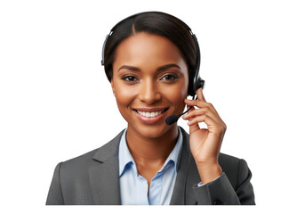 Smiling african american woman customer service representative with headset portrait isolated on transparent background