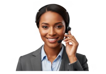 Smiling african american woman customer service representative with headset portrait isolated on transparent background