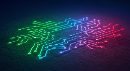 輝く回路網 ネオン光彩 抽象的デザイン 未来技術. AI Generated