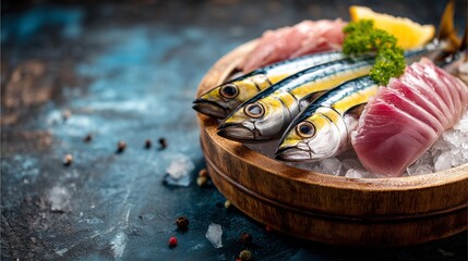 A Culinary Feast: A captivating food photograph unveils an artful display of fresh, raw fish, expertly arranged on a rustic wooden plate. The vibrant colors and textures of the sea's bounty.