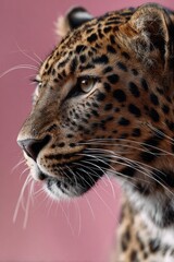Fototapeta premium Fierce leopard profile against a vibrant pink background showcasing its striking features and intense gaze