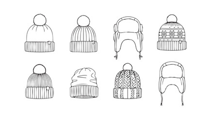 Collection of eight distinctive winter hat silhouettes in sketch style