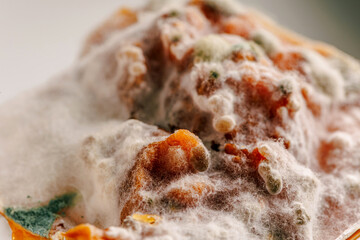 Detailed close-up image of mold on food, displaying vibrant colors and textures, illustrating the decomposition process and the role of fungi in nature
