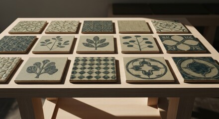 Light beige wooden table showcasing a grid of decorative square tiles.  Each tile features a unique,