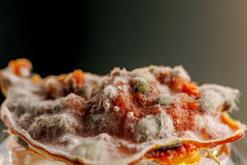 Detailed close-up image of mold on food, displaying vibrant colors and textures, illustrating the...