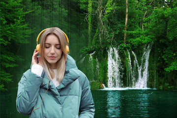 Woman listening to sounds of nature which making her feel calm. Double exposure with beautiful landscape