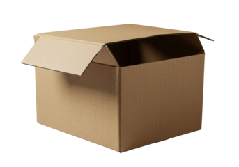 Empty, open brown corrugated shipping box, bent flap exposing fibrous fluting, matte, crisp edges, raking light, low-angle macro on transparent. Concept of material study