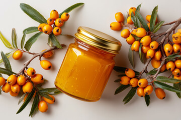 a jar of sea buckthorn jam surrounded by sea buckthorn branches