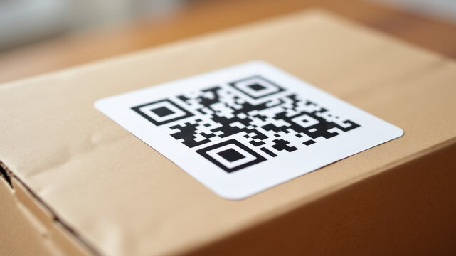 Closeup of printed QR code on logistics parcel box label