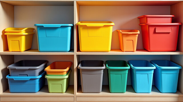 Colorful plastic bins arranged for warehouse item sorting