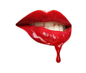 Red liquid lipstick dripping from woman's lip against white background