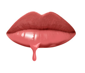Nude liquid lipstick dripping from woman's lip against white background
