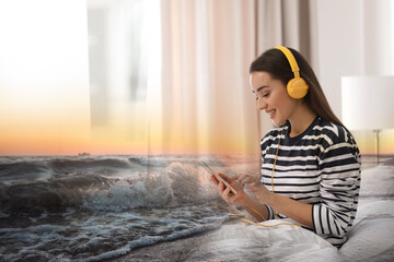 Happy woman listening to sounds of nature which making her feel calm. Double exposure of bedroom and sea waves