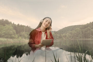 Happy woman listening to sounds of nature which making her feel calm. Double with beautiful landscape