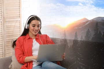 Happy woman listening to sounds of nature which making her feel calm. Double exposure of room and mountain landscape