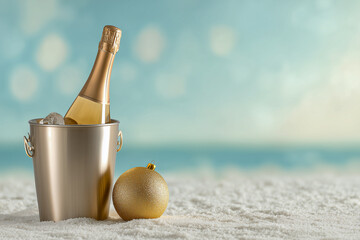 A bottle of champagne in an ice bucket standing in the sand, next to a golden Christmas tree ball on a blurred sea background with copy space
