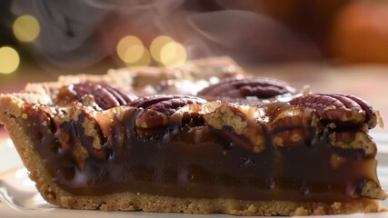 Close-up shot of a freshly baked slice of pecan pie with steam rising, perfect for Thanksgiving or fall dessert promotions and cooking demonstrations, capturing the warmth and deliciousness