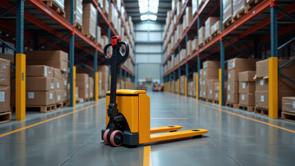 Forklift in motion moving stacked boxes in large warehouse
