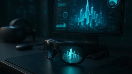 Augmented reality glasses on desk reflecting digital city hologram with computer screen showing virtual skyscrapers in dark tech workspace - Powered by Adobe