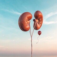 Realistic Human Kidneys Floating in Clear Sky with Balloon String. Anatomical Kidney Illustration as Surreal Conceptual Artwork. Medical Organ Balloon Metaphor with Detailed Kidney Anatomy and Minimal