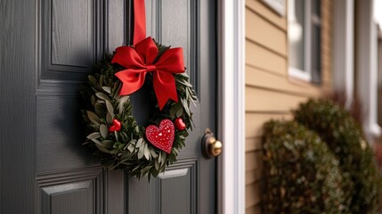 Festive valentine's day wreath with red bow and hearts hanging on a dark front door