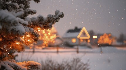 covered pine tree branch with golden string lights in a festive winter evening landscape