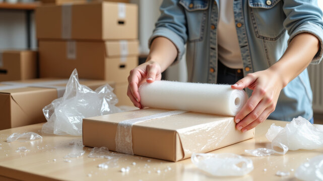 Worker sealing a box with bubble wrap on warehouse table - Powered by Adobe