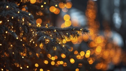 close-up of spruce tree branches adorned with glowing warm lights against a blurred bokeh background