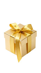 Obraz premium Angled Side View Luxury Gift Box with Golden Ribbon and Sparkling Stars, transparent background PNG