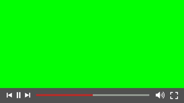 Minimal animated video player interface with green screen background, featuring play and pause controls, bar, sound icon, and fullscreen button. Perfect for compositing into videos or tutorials.