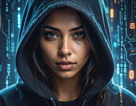 Close-up portrait of a woman in a hoodie, digital futuristic background - Powered by Adobe