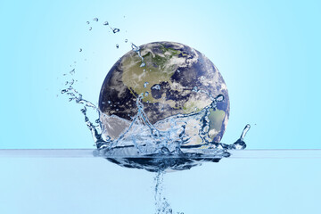 Save water concept. Earth falling into water against light blue background