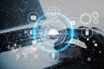 Businessman analyzing data on laptop in a modern office