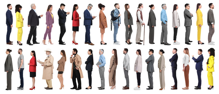 Group of different men and women on white background, side view