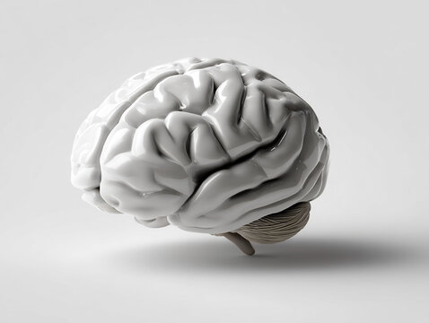 Minimalist 3d rendering of a glossy white human brain isolated on gray background, symbolizing intelligence, neuroscience and futuristic medical technology