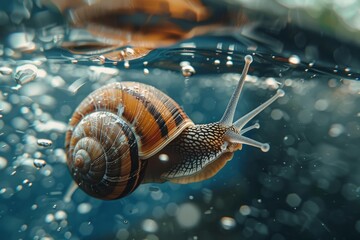Garden snail gliding through crystal clear water, creating a mesmerizing scene of underwater tranquility