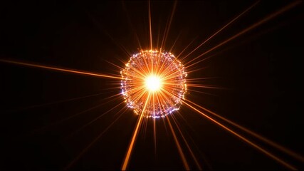 A fiery sphere with bright rays of light expands outward, transforming into a glowing ball with sparks