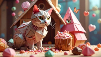 A charming, polygonal cat sits amidst a whimsical scene of pastel-colored paper crafts, including a miniature house, trees, and a cupcake.