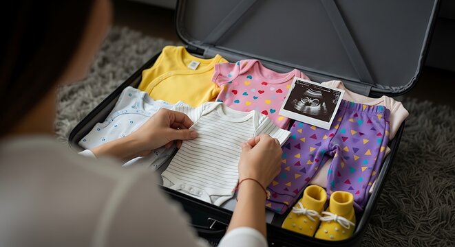 Expectant Mother Organizes Tiny Outfits, Preparing Suitcase for Newborn's Arrival