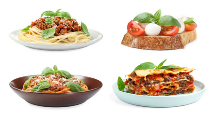 Seasoned taste. Collection of dishes with added basil on white background