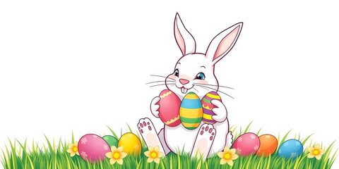 Fototapeta premium Continuous line drawing of Easter bunny holding eggs, single line, sweet